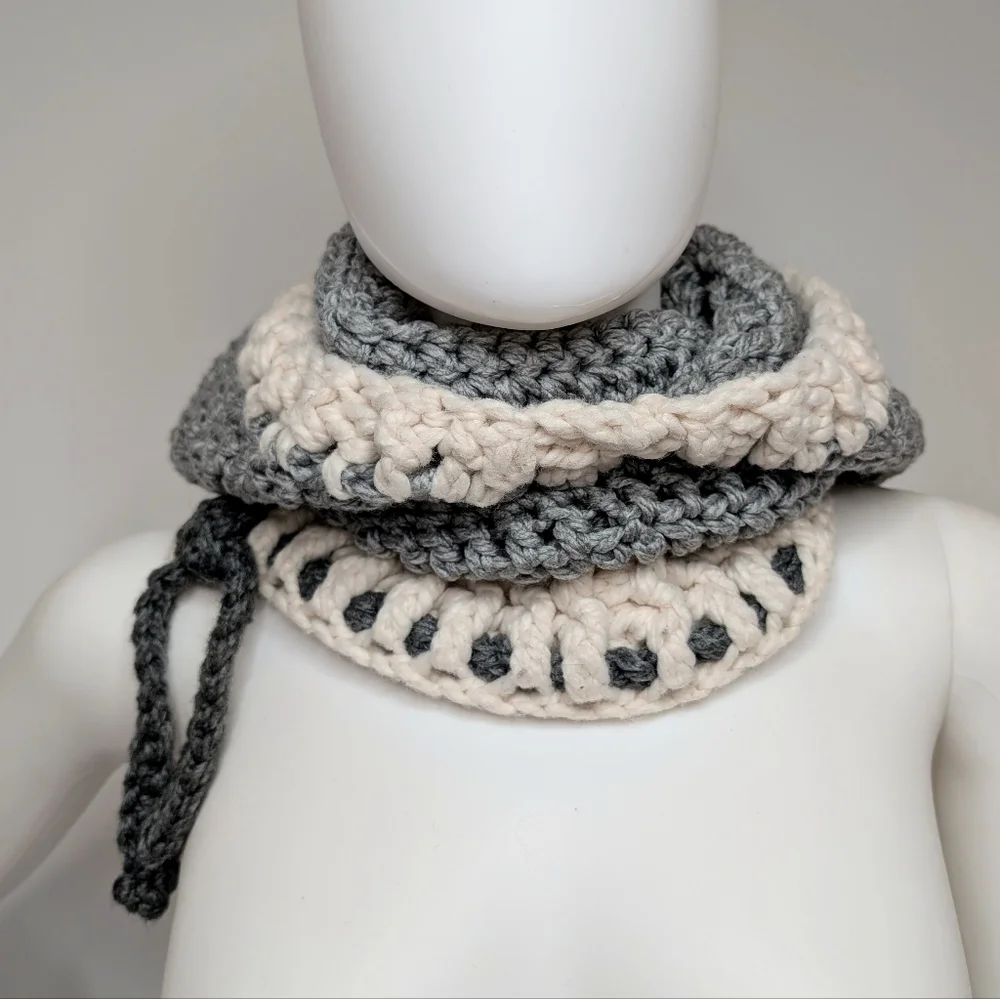 Handmade Crochet Gray & Cream Wolf Head Cowl Hood Scarf With Ears Beenie Hat